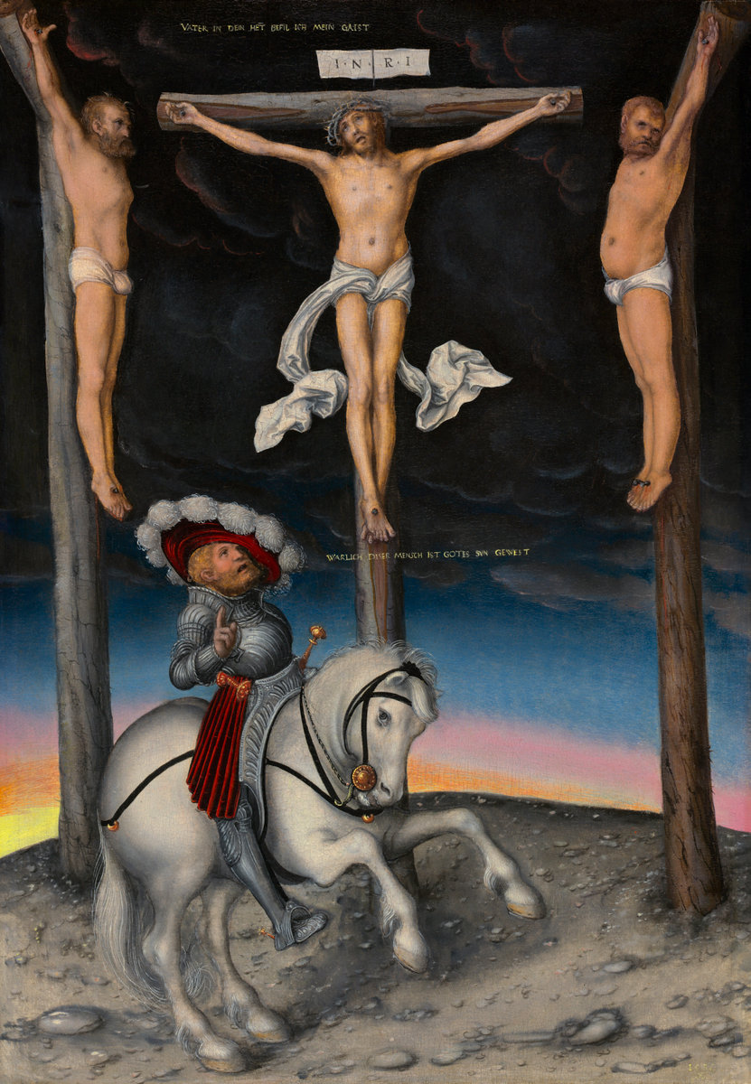 Lucas Cranach the Elder (German, 1472 - 1553 ), The Crucifixion with the Converted Centurion, 1536, oil on panel, Samuel H. Kress Collection (Courtesy National Gallery of Art) (Click on image to expand.)