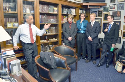 Rep. Bobby Scott (left) talks with interns Brendan Sunshine, Robert Tucker, Peter Christiansen, and David Jimenez about his thoughts on prison reform and the Smarter Sentencing Act. (Click on image to enlarge.)